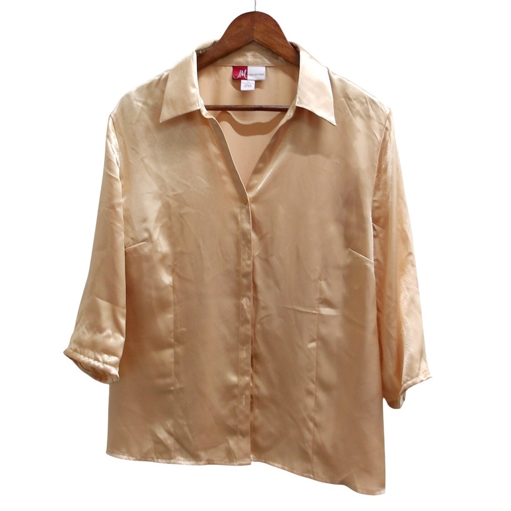 JM Collection Gold Satin‎ V Neck  Button Down Shirt Women's 18 Top / #1327